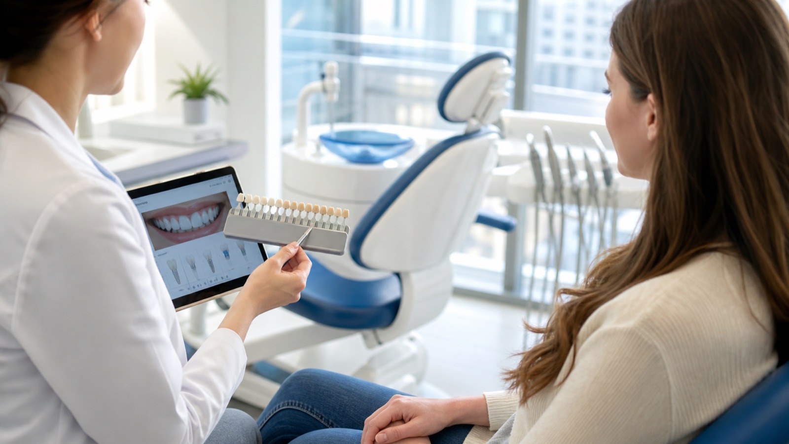 Dentist and international patient reviewing a natural-looking smile plan in a Korean dental clinic