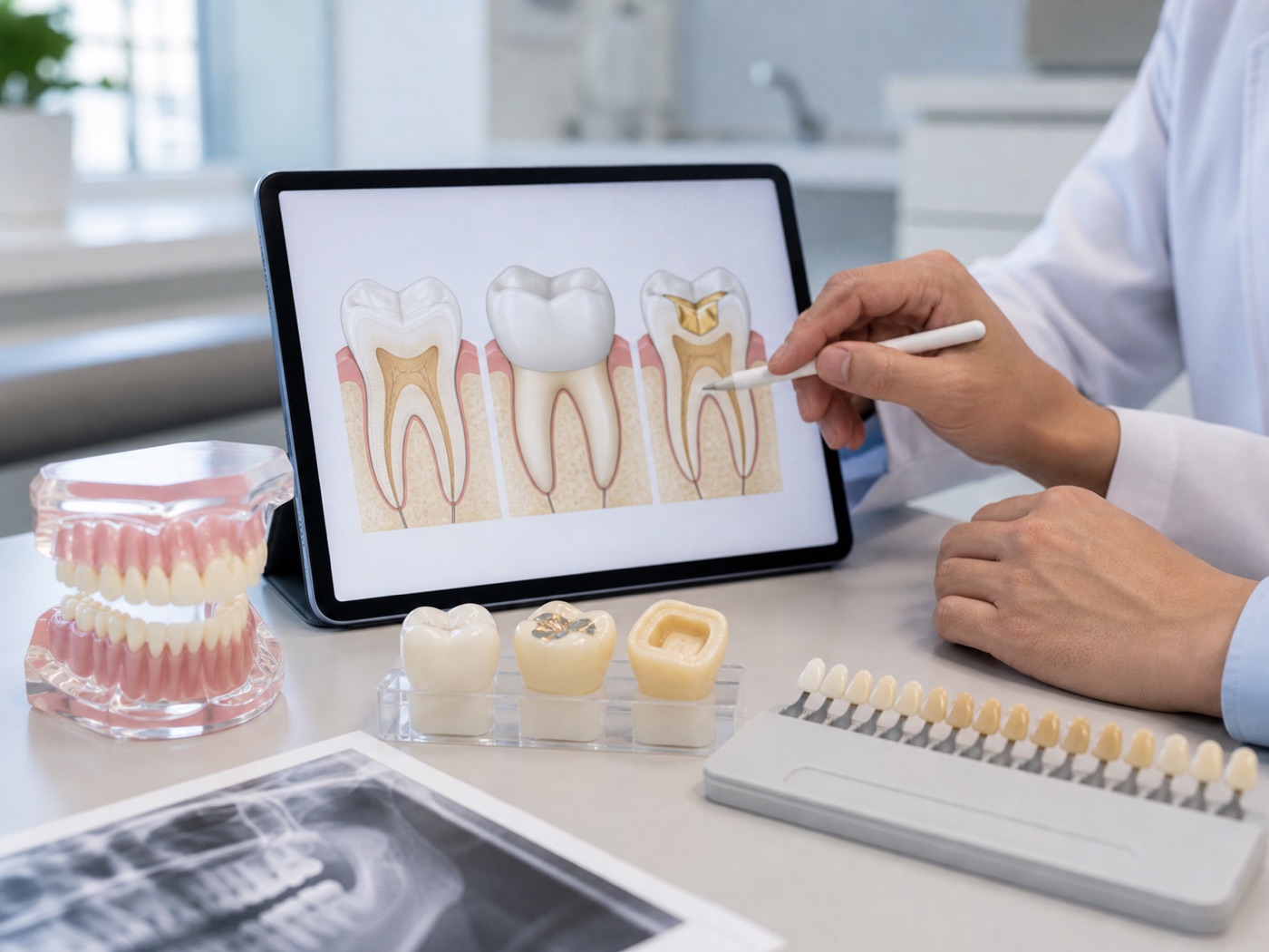 Dental model, crown, inlay, and shade guide used for conservative aesthetic dentistry planning